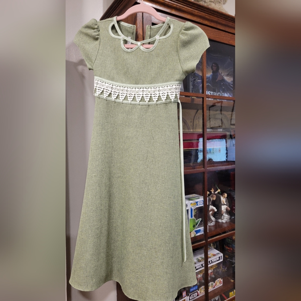 Green Dress with White Lace Detail